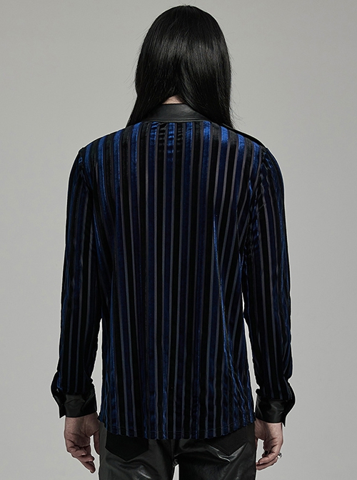 Black And Blue Striped Velvet Paneled Punk Style Fitted Long Sleeved Shirt