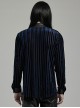 Black And Blue Striped Velvet Paneled Punk Style Fitted Long Sleeved Shirt