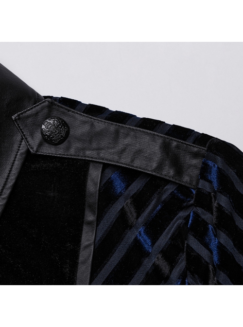 Black And Blue Striped Velvet Paneled Punk Style Fitted Long Sleeved Shirt