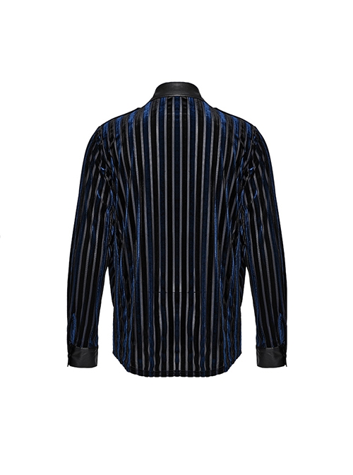 Black And Blue Striped Velvet Paneled Punk Style Fitted Long Sleeved Shirt