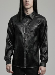 Simple Black Cracked Woven With Non Stretch Faux Leather Taped Gothic Everyday Long Sleeved Shirt