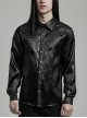 Simple Black Cracked Woven With Non Stretch Faux Leather Taped Gothic Everyday Long Sleeved Shirt