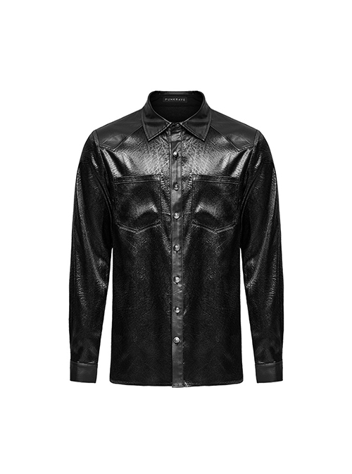 Simple Black Cracked Woven With Non Stretch Faux Leather Taped Gothic Everyday Long Sleeved Shirt