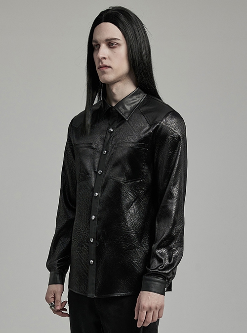 Simple Black Cracked Woven With Non Stretch Faux Leather Taped Gothic Everyday Long Sleeved Shirt