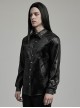 Simple Black Cracked Woven With Non Stretch Faux Leather Taped Gothic Everyday Long Sleeved Shirt