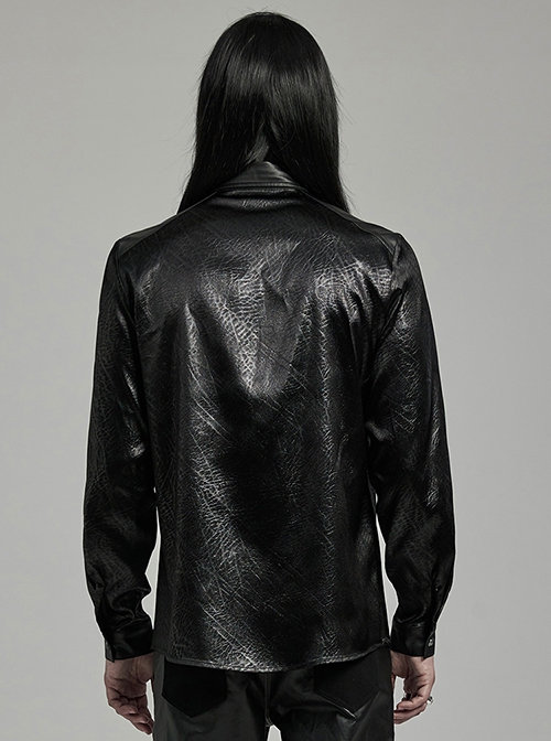 Simple Black Cracked Woven With Non Stretch Faux Leather Taped Gothic Everyday Long Sleeved Shirt