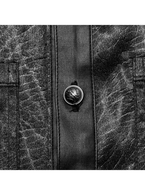 Simple Black Cracked Woven With Non Stretch Faux Leather Taped Gothic Everyday Long Sleeved Shirt