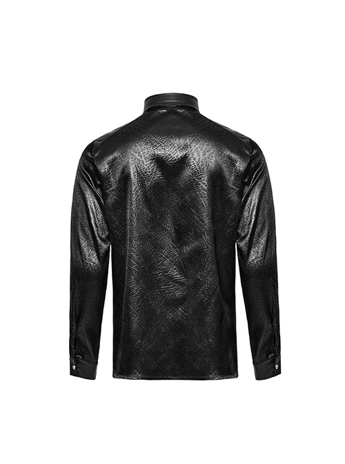 Simple Black Cracked Woven With Non Stretch Faux Leather Taped Gothic Everyday Long Sleeved Shirt