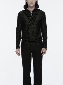 Black Personalized Embossed Velveteen With Ruffled High Collar And Center Front Eyelet Rope Gothic Style Long Sleeved T-Shirt