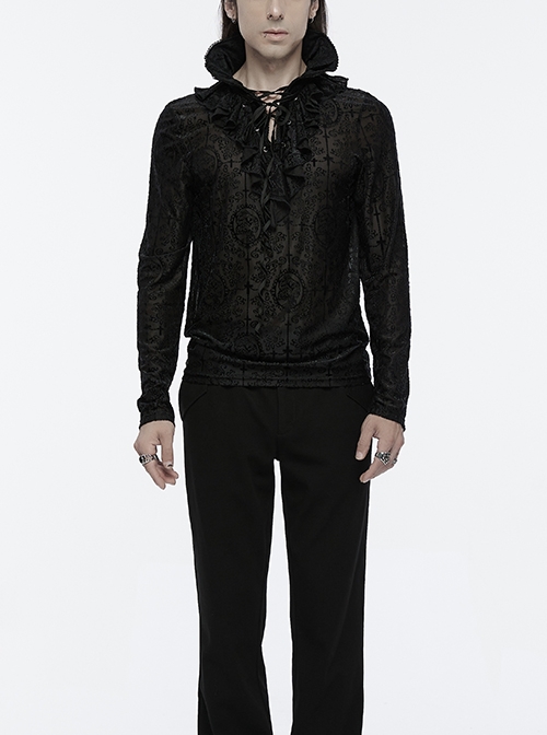 Black Personalized Embossed Velveteen With Ruffled High Collar And Center Front Eyelet Rope Gothic Style Long Sleeved T-Shirt
