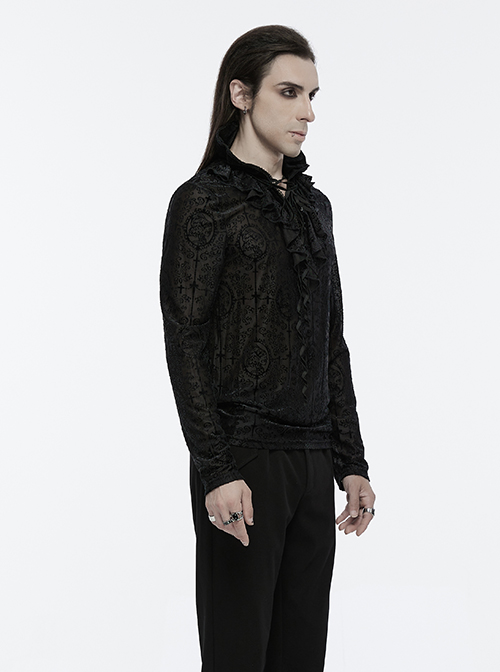 Black Personalized Embossed Velveteen With Ruffled High Collar And Center Front Eyelet Rope Gothic Style Long Sleeved T-Shirt
