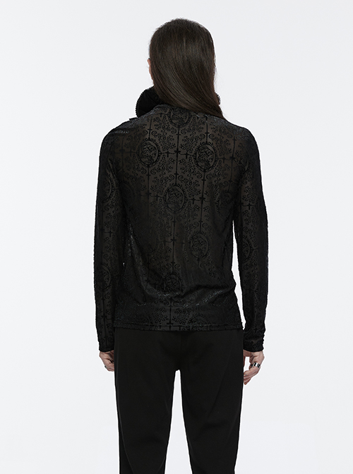 Black Personalized Embossed Velveteen With Ruffled High Collar And Center Front Eyelet Rope Gothic Style Long Sleeved T-Shirt