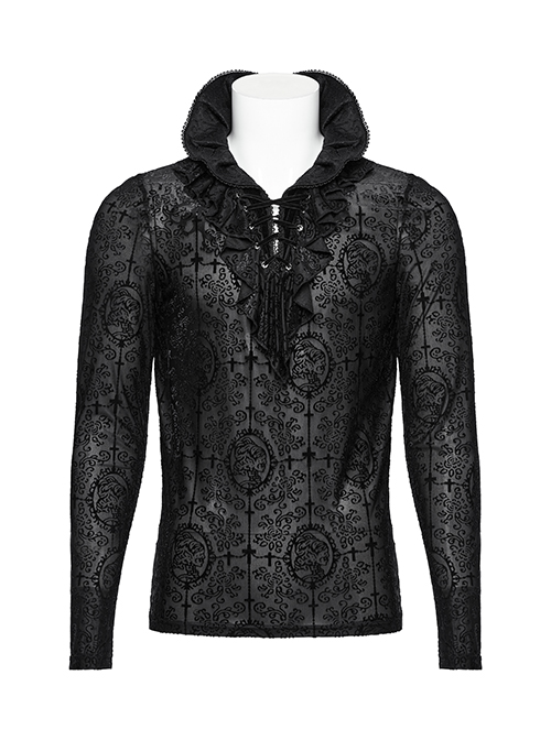 Black Personalized Embossed Velveteen With Ruffled High Collar And Center Front Eyelet Rope Gothic Style Long Sleeved T-Shirt
