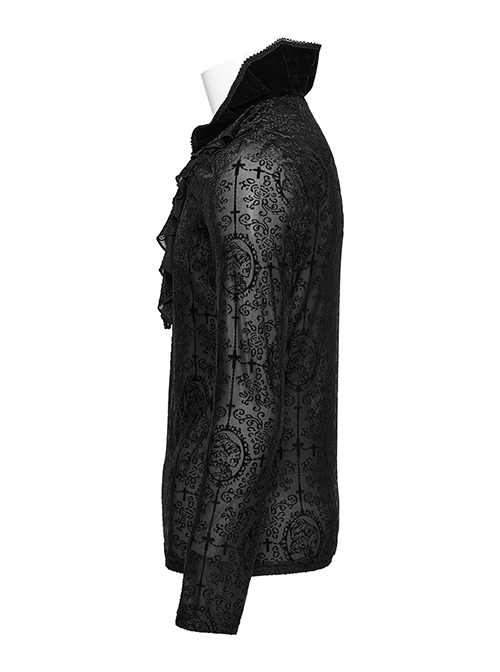 Black Personalized Embossed Velveteen With Ruffled High Collar And Center Front Eyelet Rope Gothic Style Long Sleeved T-Shirt
