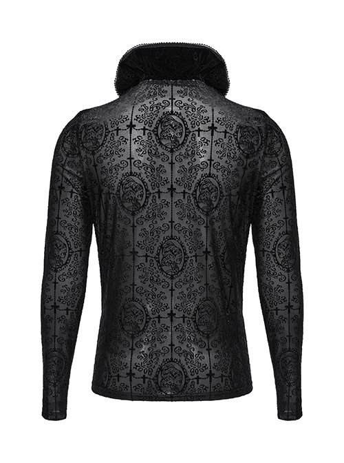 Black Personalized Embossed Velveteen With Ruffled High Collar And Center Front Eyelet Rope Gothic Style Long Sleeved T-Shirt