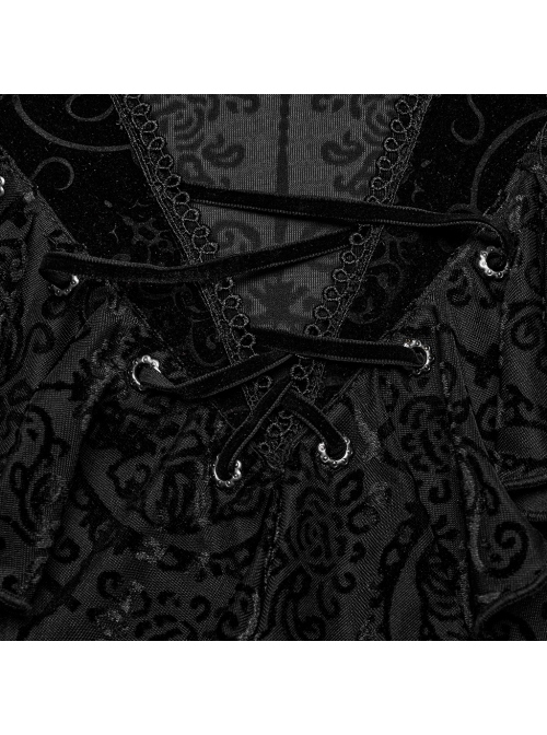 Black Personalized Embossed Velveteen With Ruffled High Collar And Center Front Eyelet Rope Gothic Style Long Sleeved T-Shirt