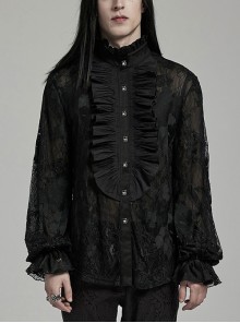 Gorgeous Black Lace Embroidery With Stretch Mesh Loose Gothic Balloon Sleeve Men's Shirt