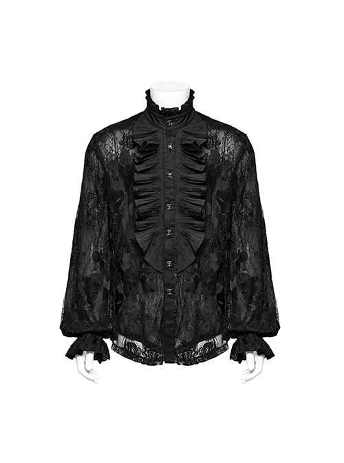 Gorgeous Black Lace Embroidery With Stretch Mesh Loose Gothic Balloon Sleeve Men's Shirt