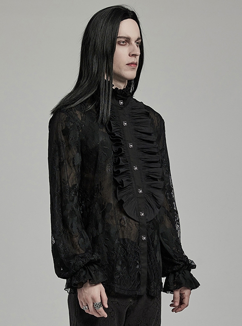 Gorgeous Black Lace Embroidery With Stretch Mesh Loose Gothic Balloon Sleeve Men's Shirt