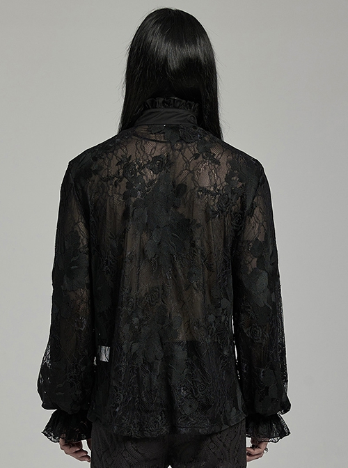 Gorgeous Black Lace Embroidery With Stretch Mesh Loose Gothic Balloon Sleeve Men's Shirt