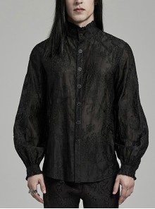 Black Lightweight Non Stretch Embroidered Gothic Fit Long Sleeve Floral Shirt