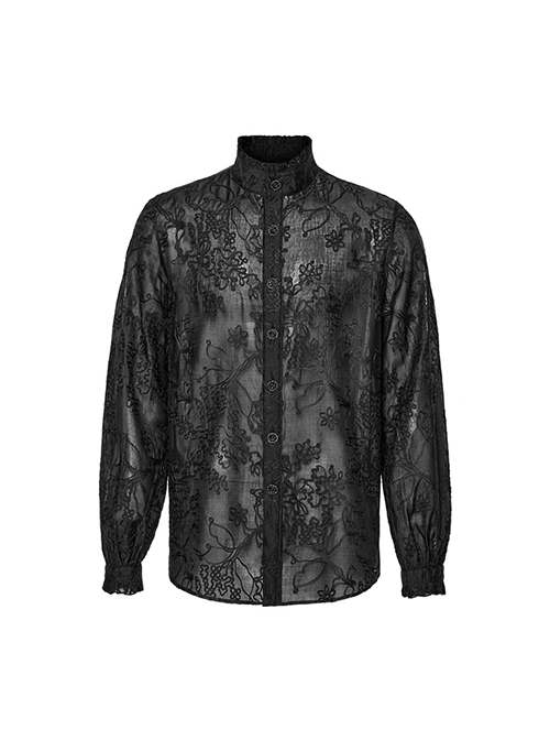 Black Lightweight Non Stretch Embroidered Gothic Fit Long Sleeve Floral Shirt