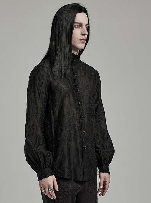 Black Lightweight Non Stretch Embroidered Gothic Fit Long Sleeve Floral Shirt