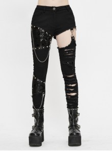 Asymmetrically Spliced Mesh Broken Holes Rivet Removable Chain Black Punk Tight Pants