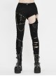 Asymmetrically Spliced Mesh Broken Holes Rivet Removable Chain Black Punk Tight Pants