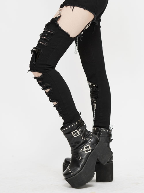 Asymmetrically Spliced Mesh Broken Holes Rivet Removable Chain Black Punk Tight Pants