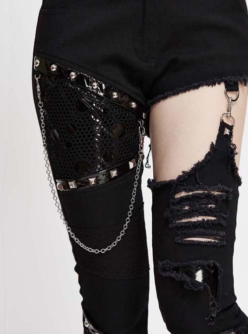 Asymmetrically Spliced Mesh Broken Holes Rivet Removable Chain Black Punk Tight Pants