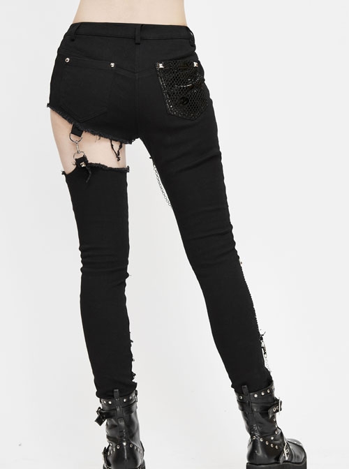 Asymmetrically Spliced Mesh Broken Holes Rivet Removable Chain Black Punk Tight Pants