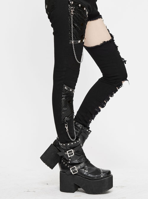 Asymmetrically Spliced Mesh Broken Holes Rivet Removable Chain Black Punk Tight Pants