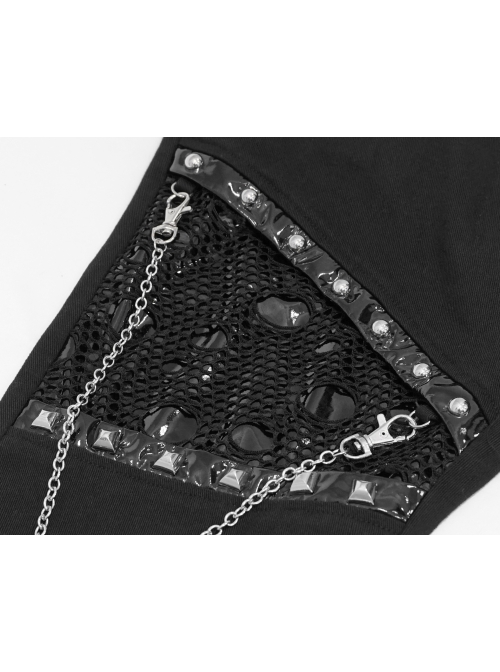 Asymmetrically Spliced Mesh Broken Holes Rivet Removable Chain Black Punk Tight Pants