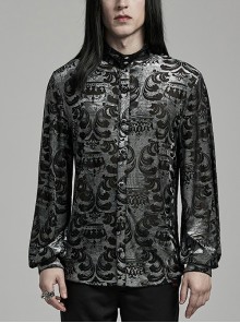 Elegant Black And Gray Velvet Printed Gothic Style Fitted Long Sleeve Shirt