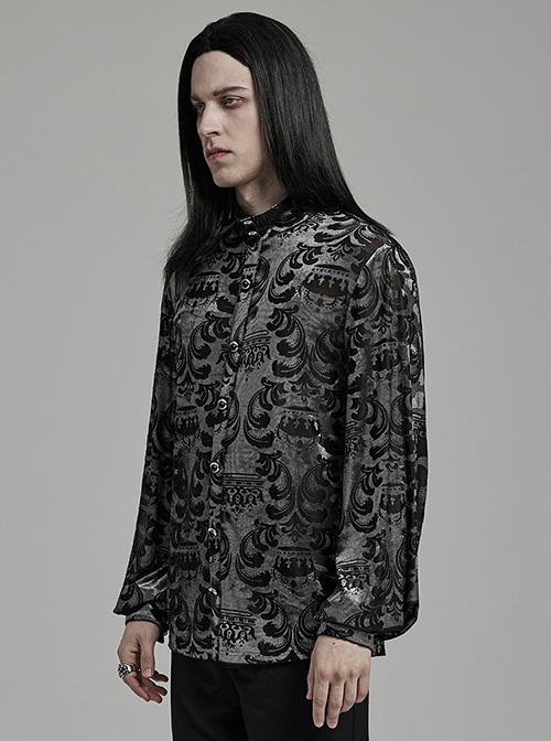 Elegant Black And Gray Velvet Printed Gothic Style Fitted Long Sleeve Shirt