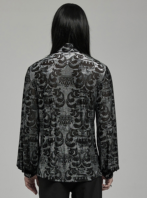 Elegant Black And Gray Velvet Printed Gothic Style Fitted Long Sleeve Shirt