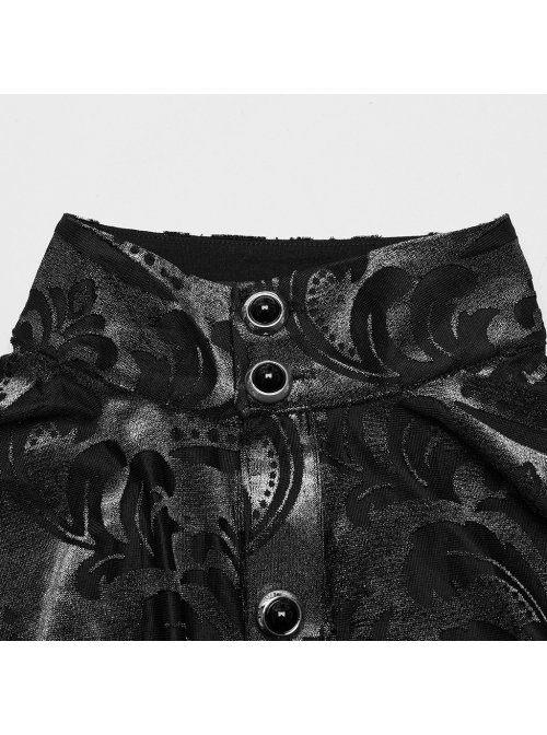 Elegant Black And Gray Velvet Printed Gothic Style Fitted Long Sleeve Shirt