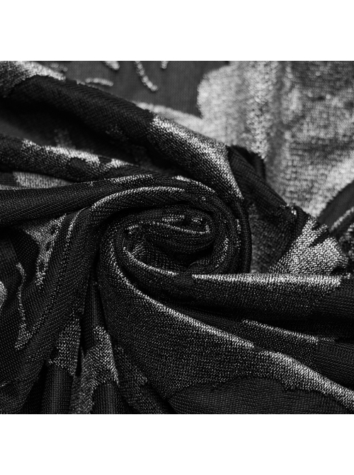 Elegant Black And Gray Velvet Printed Gothic Style Fitted Long Sleeve Shirt