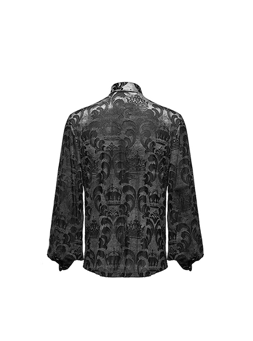 Elegant Black And Gray Velvet Printed Gothic Style Fitted Long Sleeve Shirt