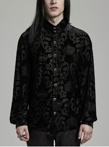Elegant Black Velvet Printed Gothic Style Fitted Long Sleeve Shirt