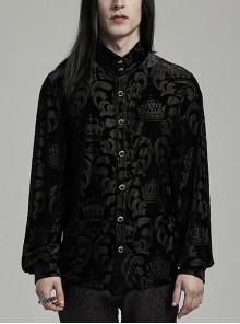 Elegant Black Velvet Printed Gothic Style Fitted Long Sleeve Shirt