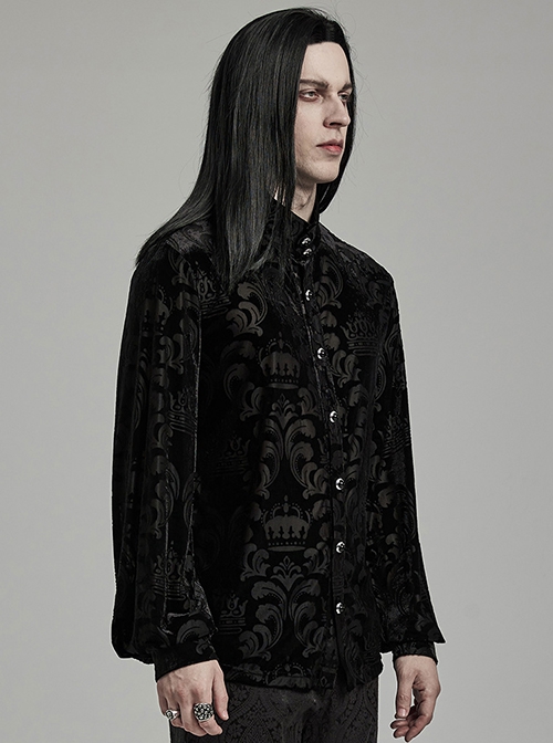 Elegant Black Velvet Printed Gothic Style Fitted Long Sleeve Shirt