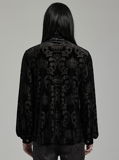 Elegant Black Velvet Printed Gothic Style Fitted Long Sleeve Shirt