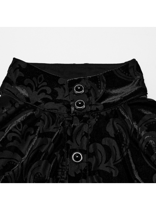Elegant Black Velvet Printed Gothic Style Fitted Long Sleeve Shirt