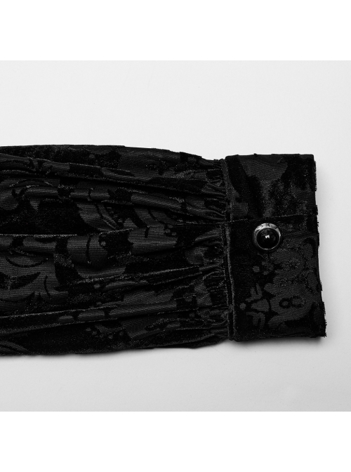 Elegant Black Velvet Printed Gothic Style Fitted Long Sleeve Shirt