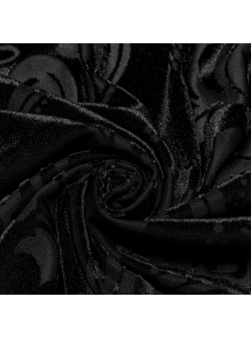 Elegant Black Velvet Printed Gothic Style Fitted Long Sleeve Shirt