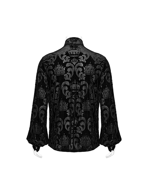 Elegant Black Velvet Printed Gothic Style Fitted Long Sleeve Shirt