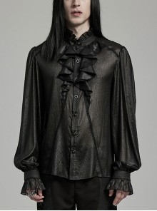 Black Non Stretch Dark Pattern Printed Pleated Chiffon All In One Tie Gothic Balloon Sleeve Shirt