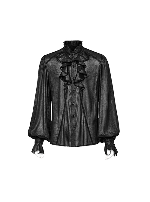 Black Non Stretch Dark Pattern Printed Pleated Chiffon All In One Tie Gothic Balloon Sleeve Shirt